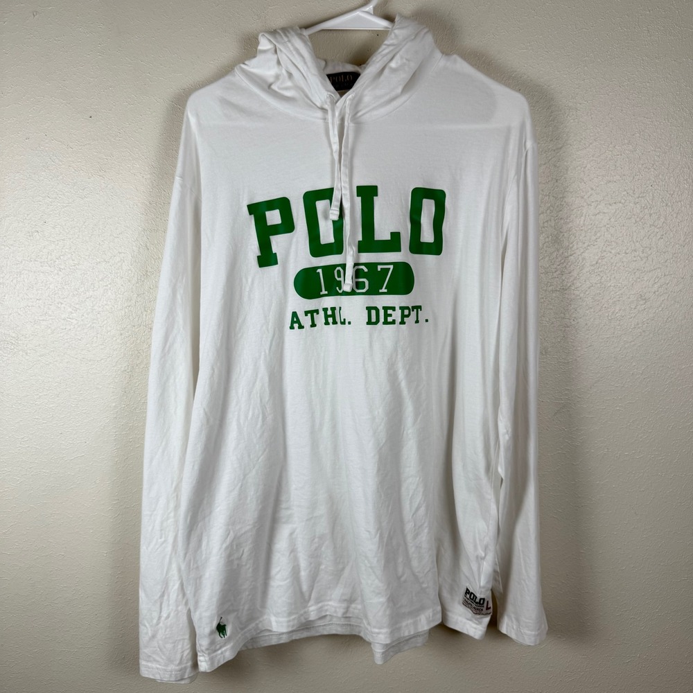 Polo Ralph Lauren Mens‎ White Graphic Hooded T-Shirt Long Sleeve Cotton Large